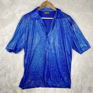 Vintage Pop Icon Men's Med Blue Metallic Holographic Club Shirt 90s USA *flaw*